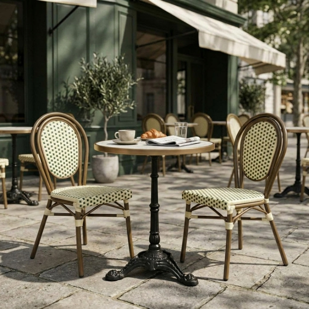 Paris Cafésæt (2 Stole) – AFRICA 3 Bordstel & Bordplade i Komprimeret Natursten m. Marmorlook & Messingkant Ø60 cm